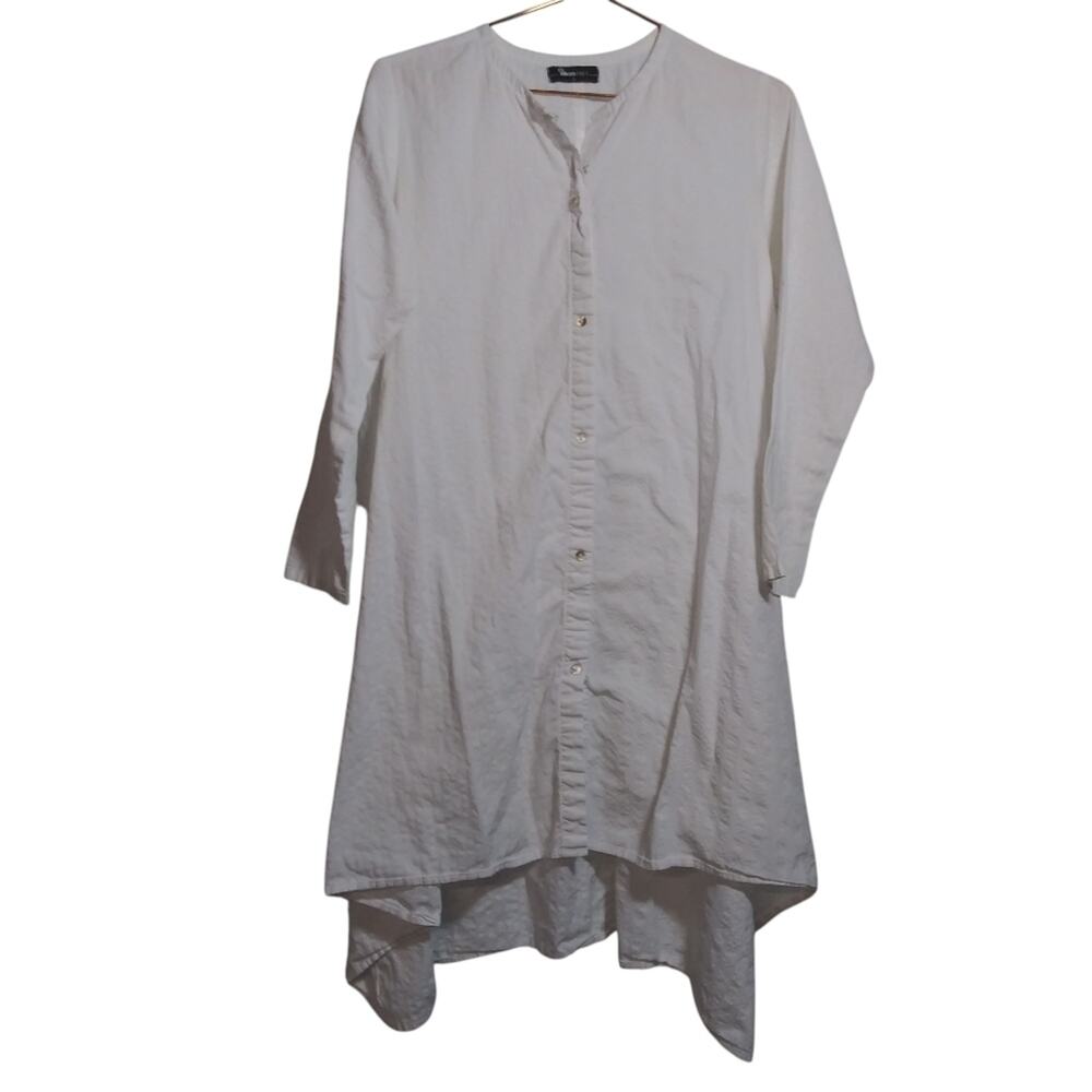 Ideas Pret Elegant White Button-Down Lagnlook Asymmetrical Cotton Tunic Top Sz S
